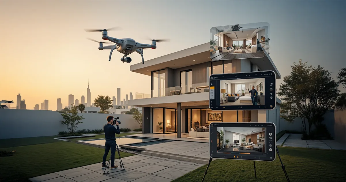 Drone and real estate photography services in Dubai showing interior, exterior, video tours, and editing